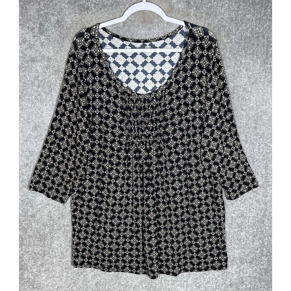 Croft & Barrow Scoop Neck Top Womens Size 2X Black Stretch 3/4 Sleeve Pleated